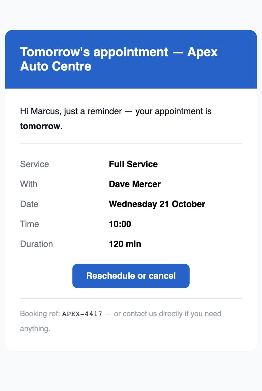The reminder email a customer receives the day before an appointment, showing service, staff member, date, time and a reschedule button